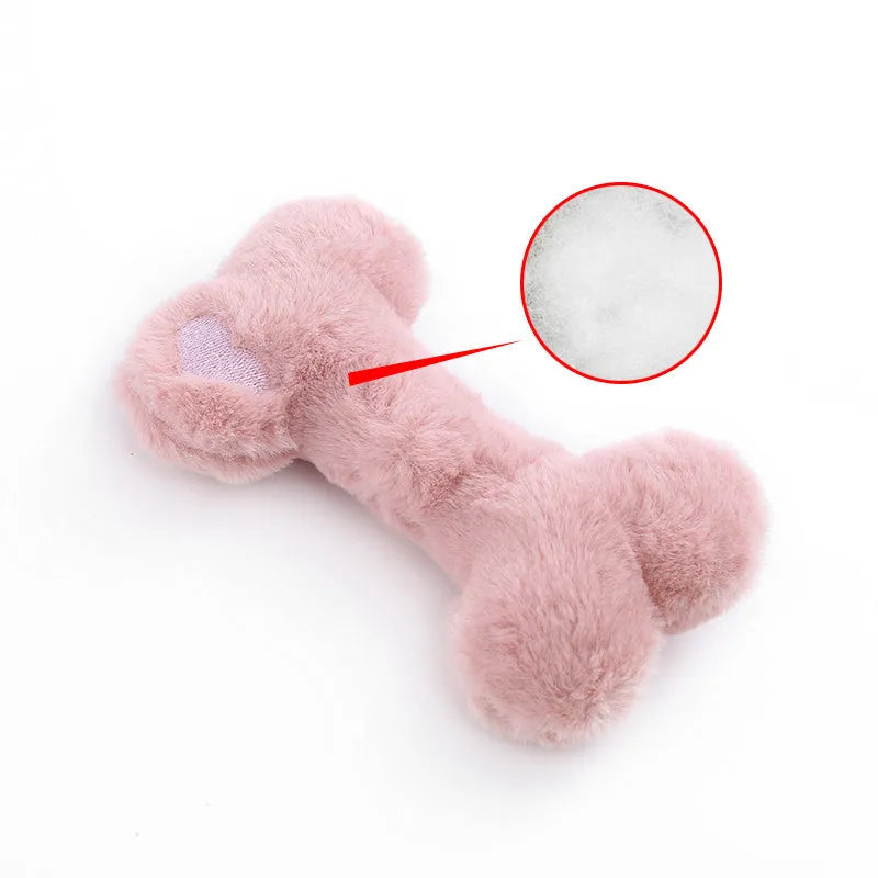 Blue plush bone dog toy with sound feature for interactive play and teeth grinding