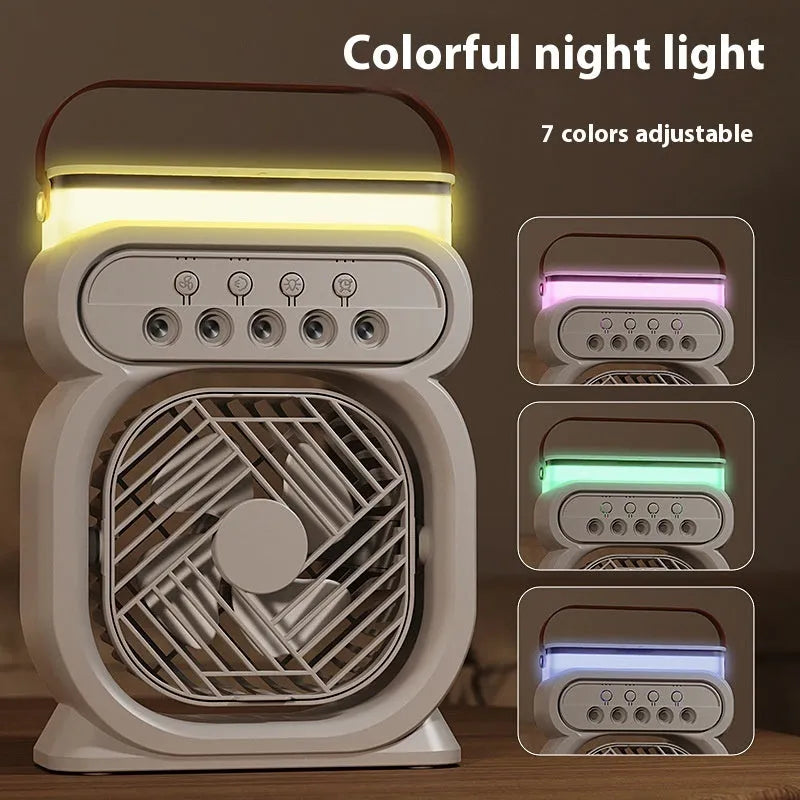 Black portable USB air cooler fan with water reservoir, 7-colour LED lights, and control buttons on a desk.