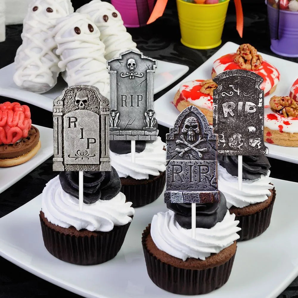 Pack of twelve small paper Halloween cake flags with tombstone designs in horror styles for spooky decoration