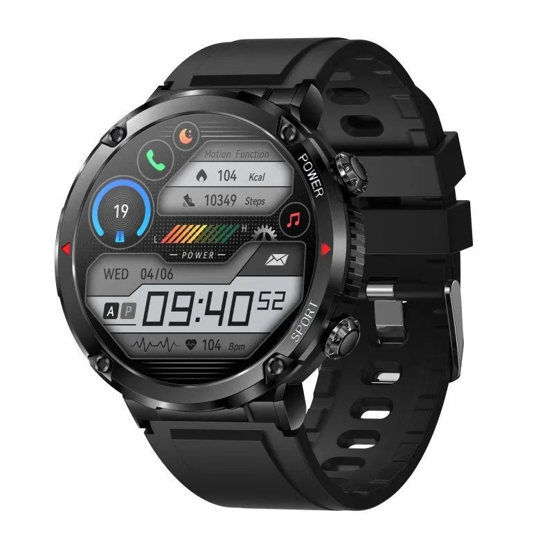 T30 Smart Watch with 52mm IPS touchscreen in black colour, showing Bluetooth calling and health monitoring functions