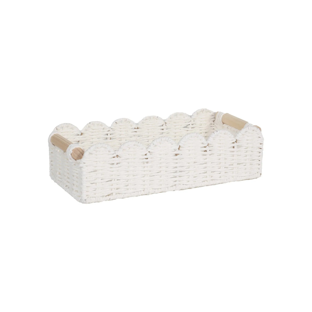 Woven paper storage basket in khaki colour on desktop with remote controls and stationery inside, dimensions 35.5cm x 16cm x 10cm