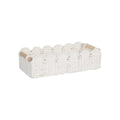 Woven paper storage basket in khaki colour on desktop with remote controls and stationery inside, dimensions 35.5cm x 16cm x 10cm