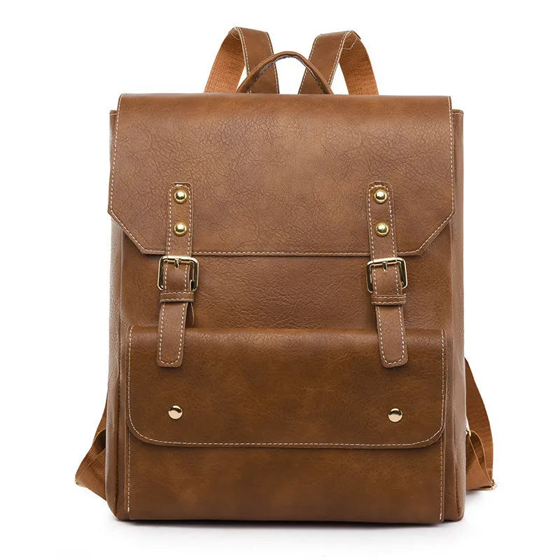 Korean style retro backpack in soft PU material with ventilation features and burden reduction design