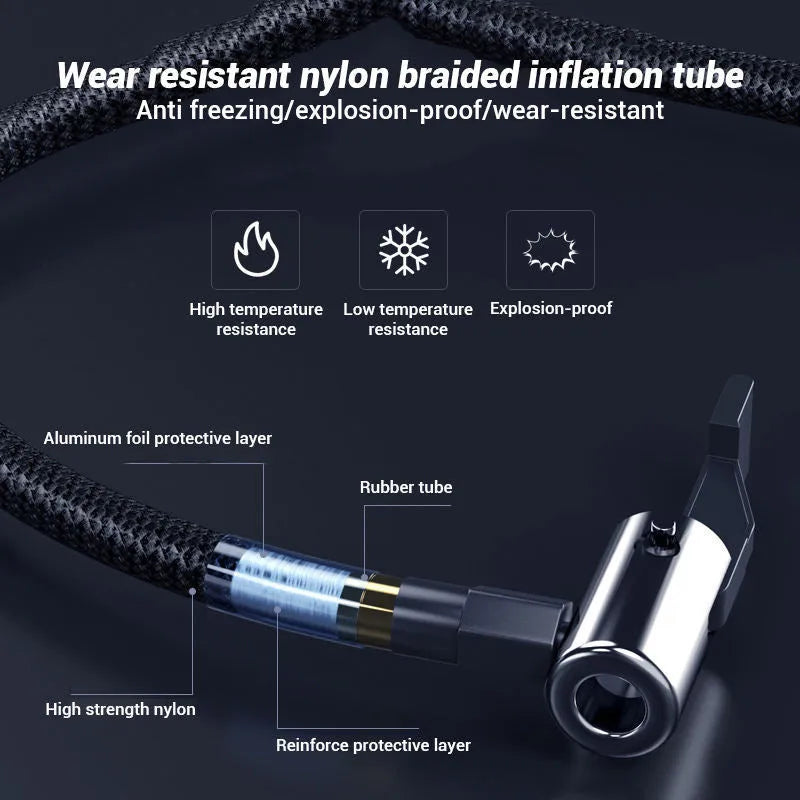 Wireless digital tyre inflator pump showing 145mm by 86mm by 48mm dimensions with LED display and four nozzles