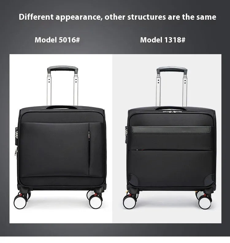 Black 18-inch business luggage with retractable handle and universal wheels made from waterproof Oxford cloth