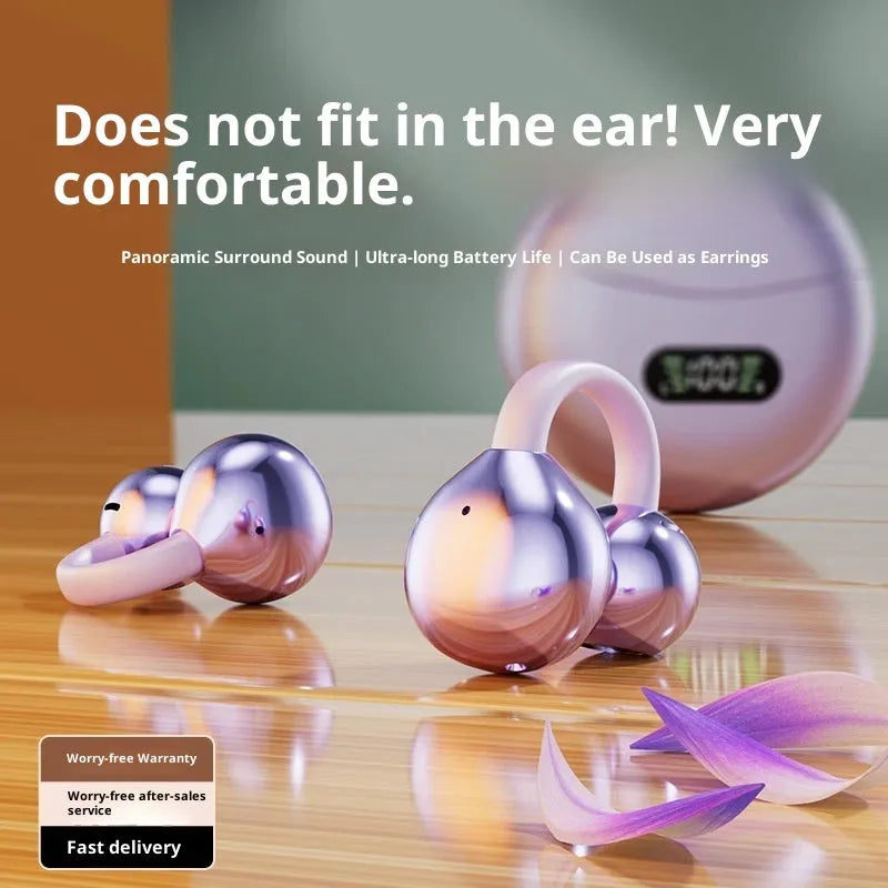Ear clip wireless Bluetooth headphones with silicone earpieces, sporty style, shown in Aurora Purple, Chaos Black, or Elegant Skin