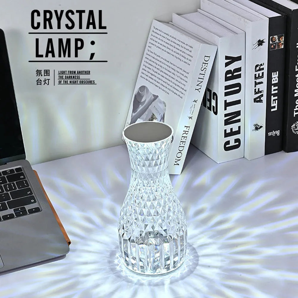 Vase-shaped crystal table lamp with remote control and USB charging port, 9cm wide by 19cm tall