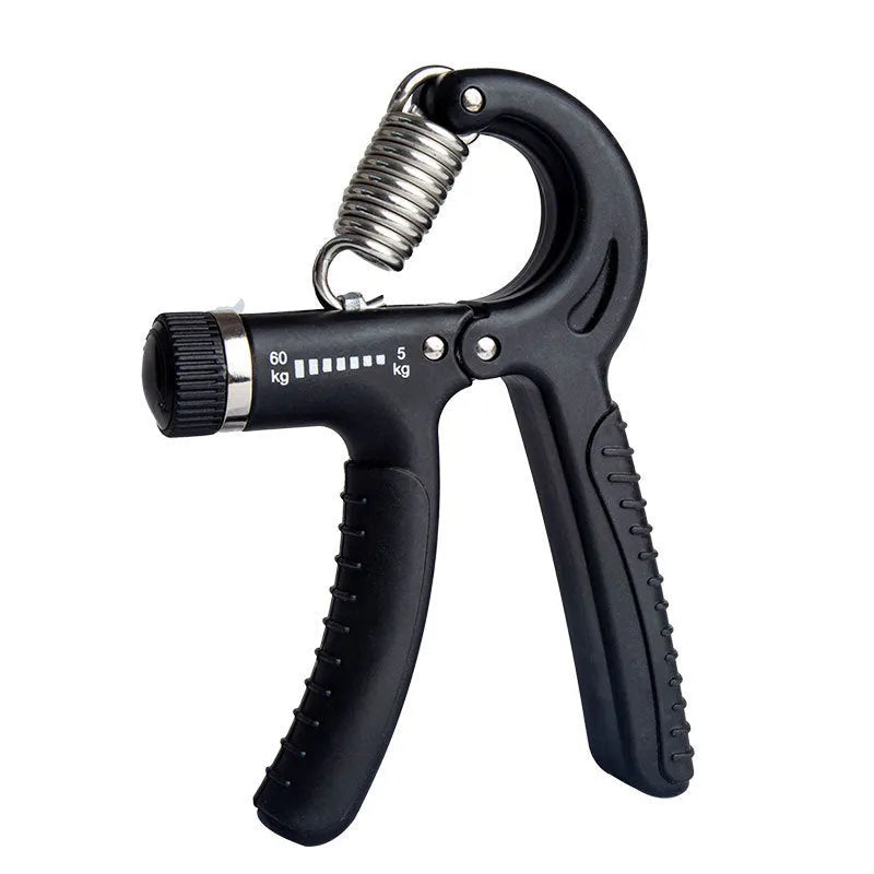 Black adjustable hand gripper with digital counter showing resistance dial and TPR handles