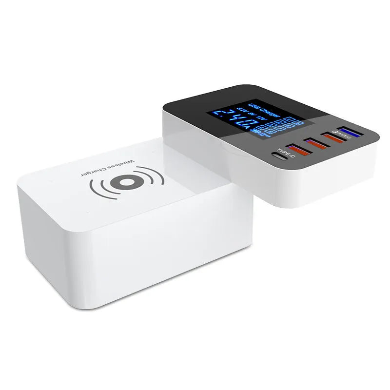 White multi-port USB charger with wireless charging pad and EU UK US plug adaptors