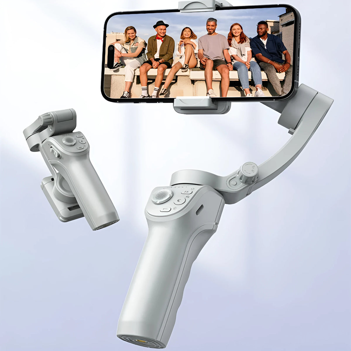 Grey ABS handheld three-axis anti-shake stabiliser with AI face tracking, fill light and camera strap