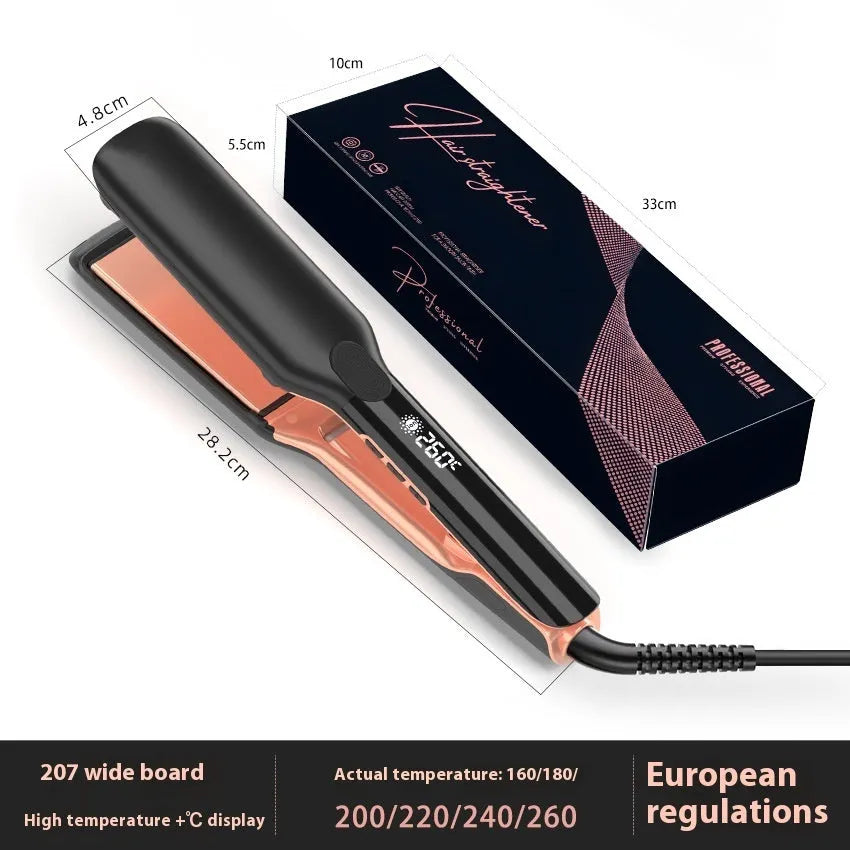 Hair straightener with negative ion technology and temperature display showing 207℃