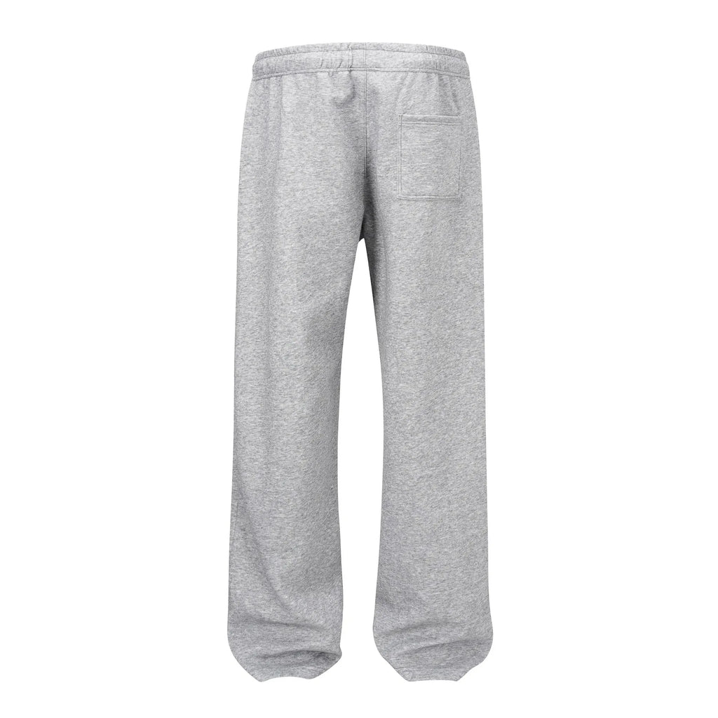 Men's grey straight-leg cotton trousers with elasticated waistband and loose casual fit