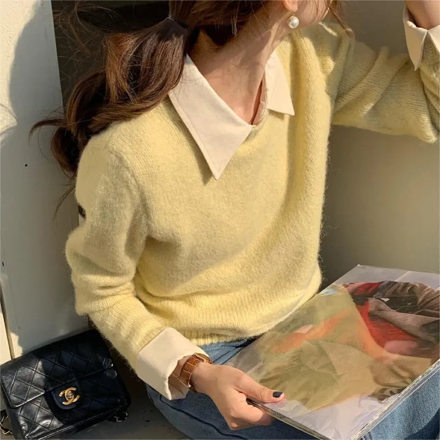 Women's knitwear top with contrast lapels in polyester, showing loose fit and long sleeves