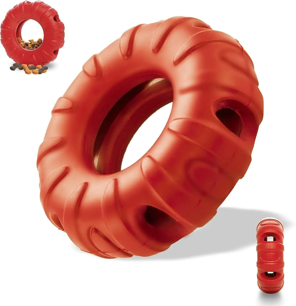 Blue rubber dog chew toy shaped like a tyre with oval openings for food dispensing, measuring 11cm by 4cm
