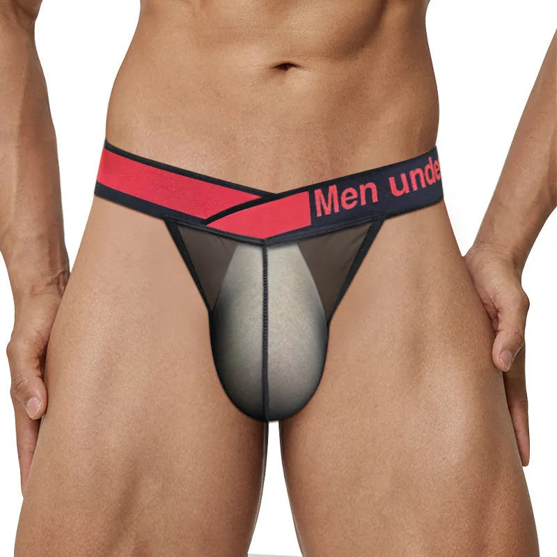 Men's nylon briefs with V gradient cut in red, black, or white colours showing low waist design
