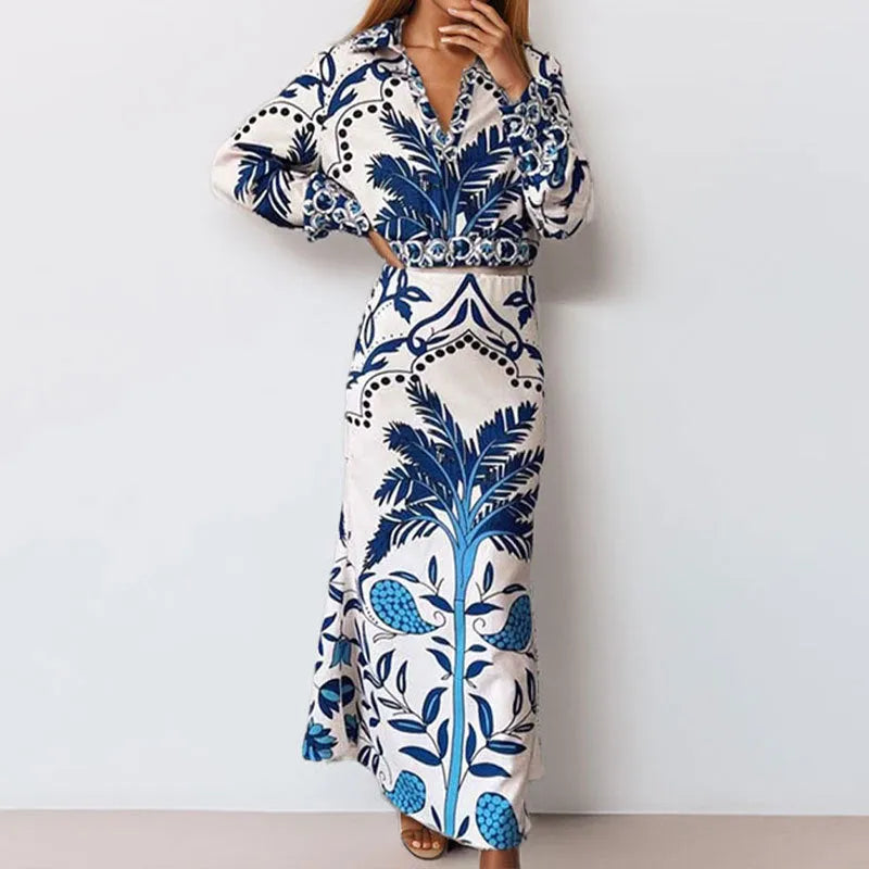 Flower Early Spring Casual Fashion Set with long sleeves and skirt in picture colour, sizes S to 3XL