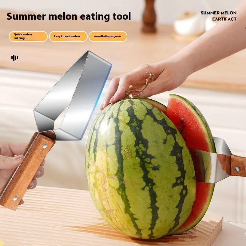 A stainless steel watermelon splitter with triangular blades and a red protective cover on a kitchen worktop.