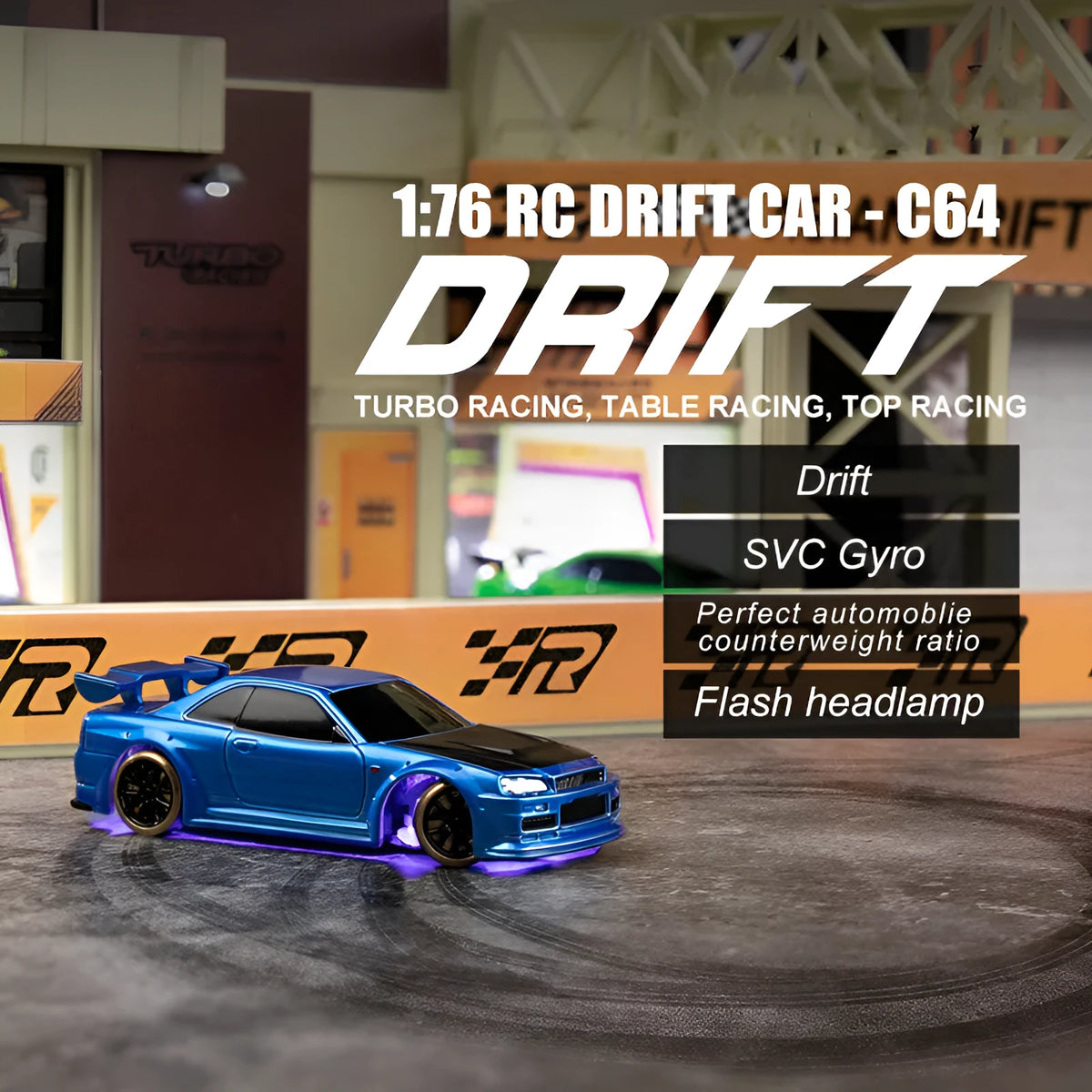 Turbo Racing C64 1:76 scale blue RC drift car with remote control