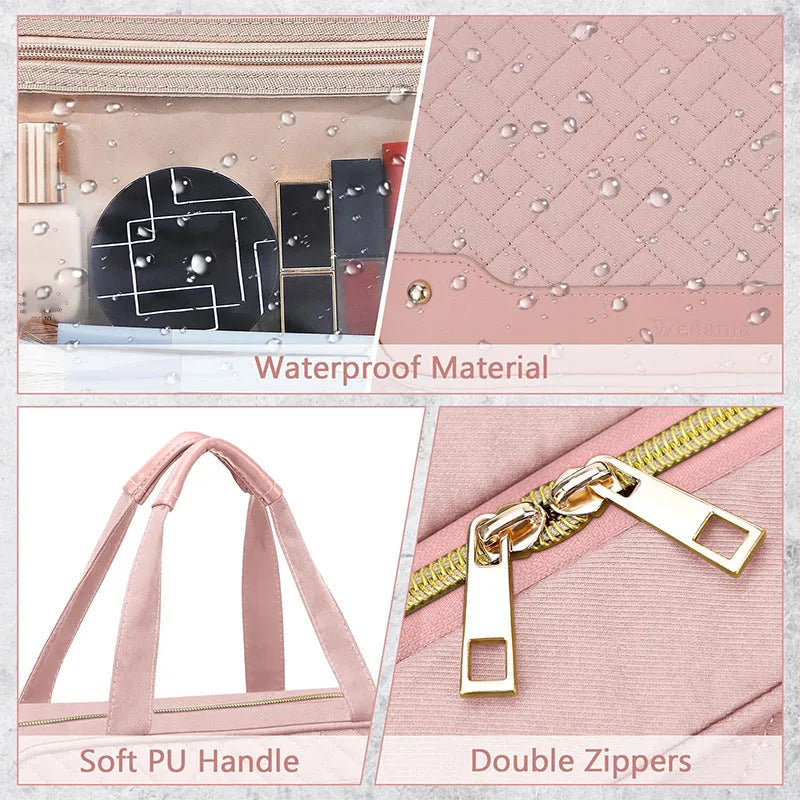 Black hanging waterproof cosmetic bag with hook showing 30.5cm width for travel storage