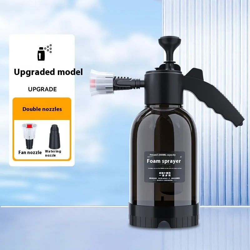 Black 2L foam watering can with switch lock, aluminium oxide tie rod, and two nozzles for car washing and gardening