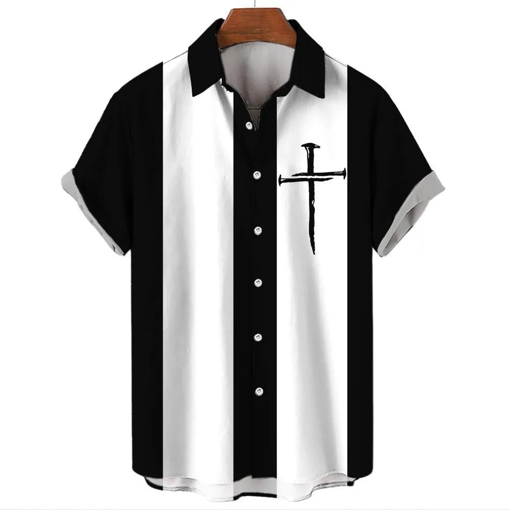 Men's striped Hawaiian shirt with button-up front and short sleeves showing elastic fabric stretch