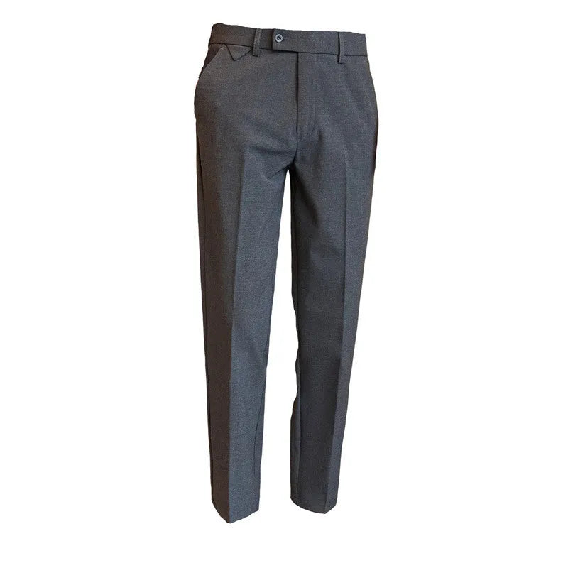 Men's brown suit pants with waist stretch design and slim straight leg, polyester blend, sizes 28-40.