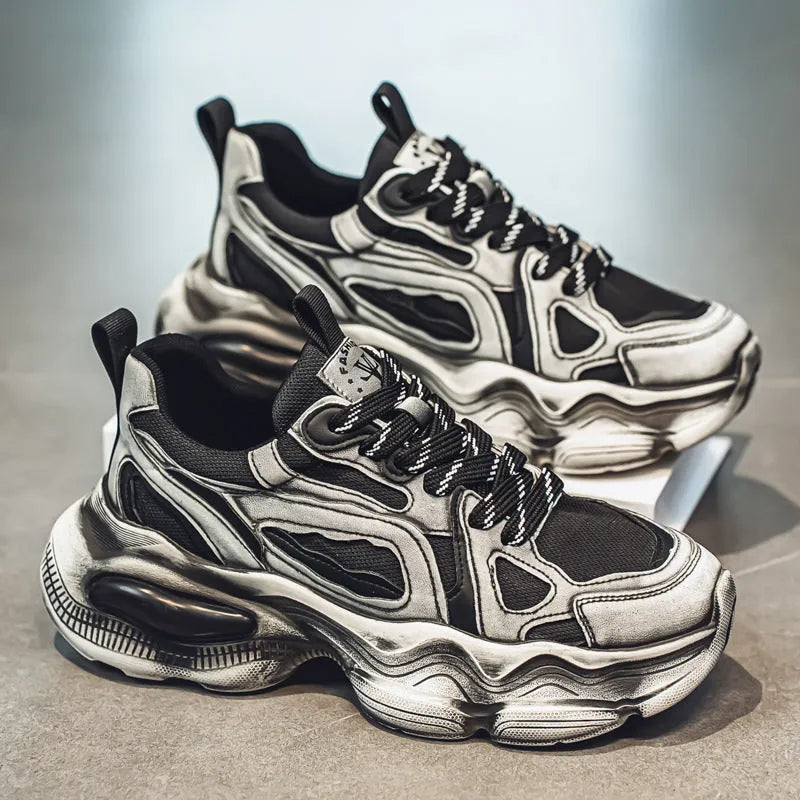 Men's black mesh sneakers with 3-5cm platform sole, round toe, and front lace-up design for sports