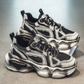 Men's black mesh sneakers with 3-5cm platform sole, round toe, and front lace-up design for sports