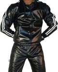 Men's black PU leather hooded sports jacket and matching trousers set for autumn sports