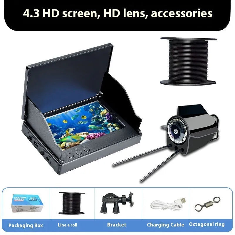 Fish finder underwater HD camera with 4.3-inch screen, wide angle lens, and temperature sensing on a fishing boat