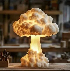 Mushroom cloud shaped table lamp with geometric cut patterns, USB power cable visible