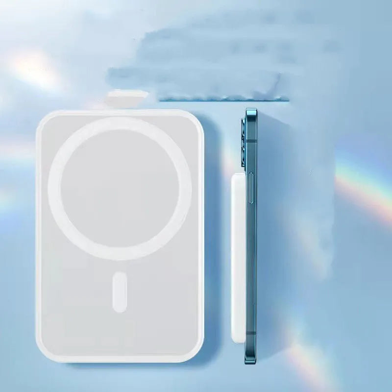 White magnetic wireless charger with 5000mAh power bank showing compact 100x65x16mm dimensions