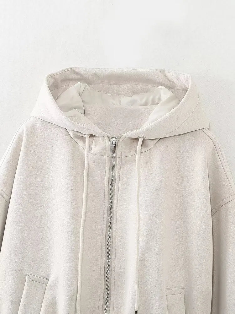Women's black suede hooded jacket casual outerwear shown front view