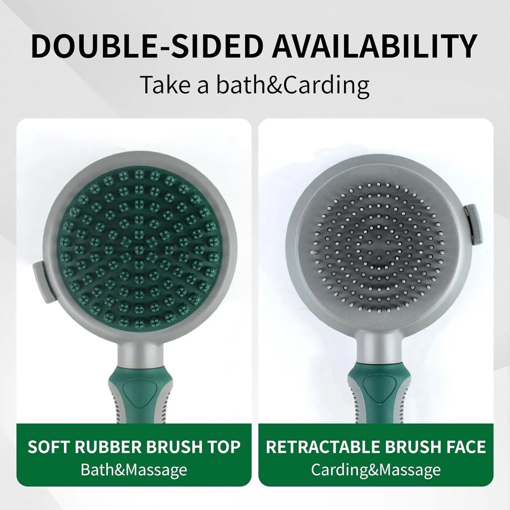 Two-sided silicone cat hair brush with retractable slicker and octopus-teethed massager in green or pink