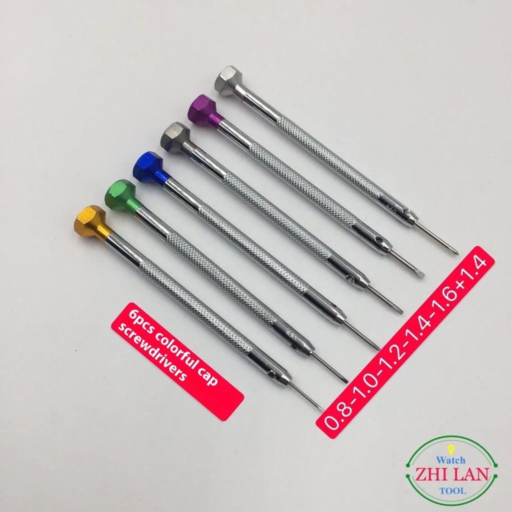 6-piece watch repair screwdriver set with colour-coded aluminium handles and spring steel cutter heads for watch maintenance