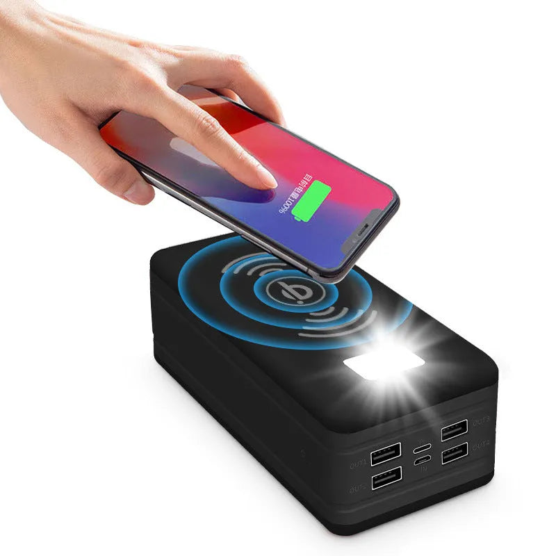 Solar wireless power bank in black with orange accents, showing solar panel and dimensions.