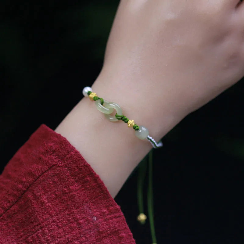 Hetian jade woven bracelet with flexible wire and hollow-out design in silver or gold finish