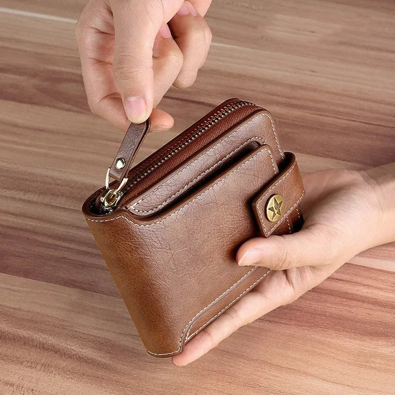 Men's short style bi-fold PU leather wallet in three colour options showing compact design