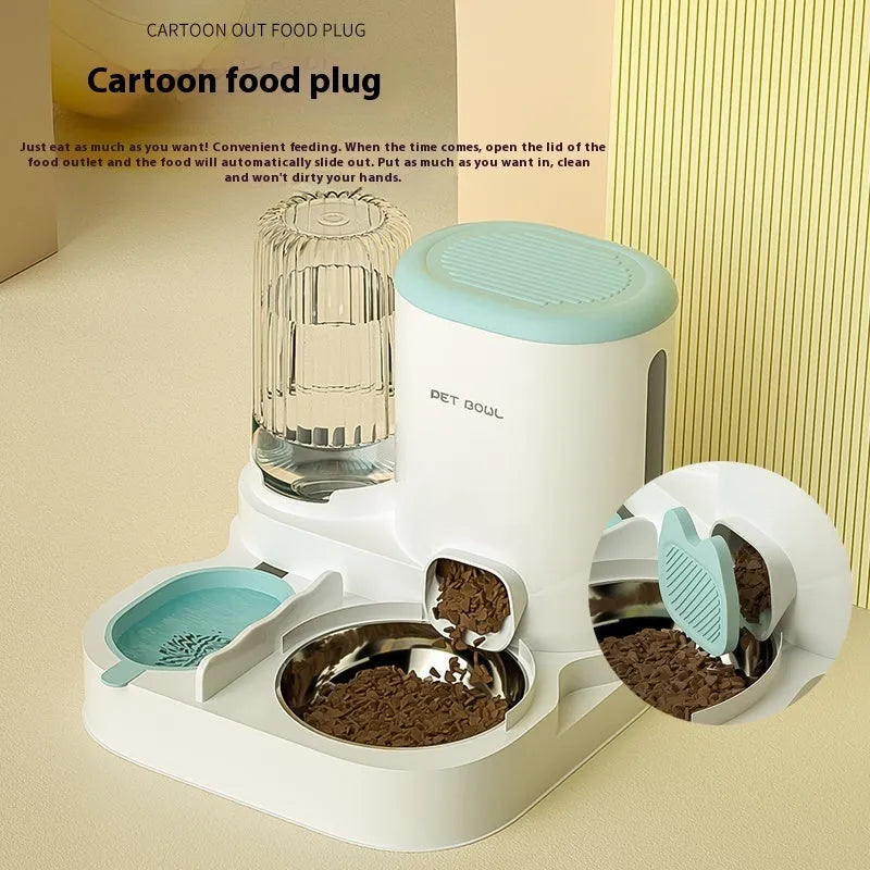 Automatic cat water fountain with integrated feeding bowl in avocado green colour, showing compact square design.