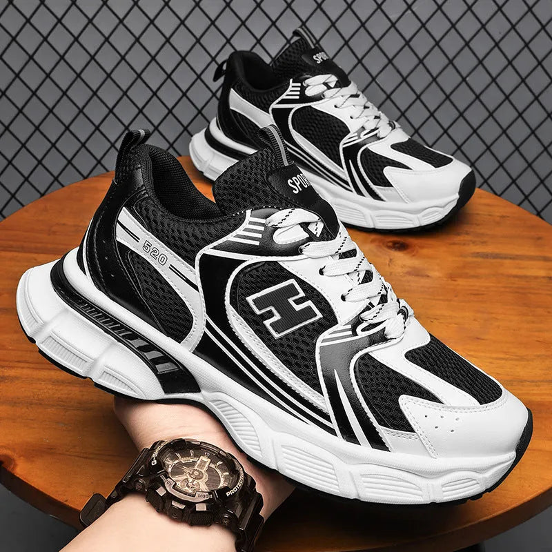 Men's mesh running shoes with plastic soles in three colour options showing round toe design