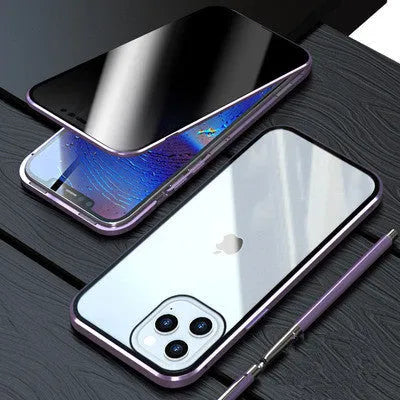 Magnetic privacy glass case for iPhone with anti-peeping screen and six colour options including black and blue
