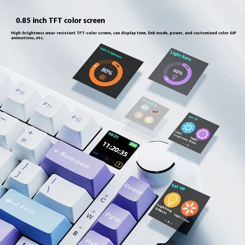 Three-mode mechanical keyboard with hot plug switches in black, grey and yellow colour options