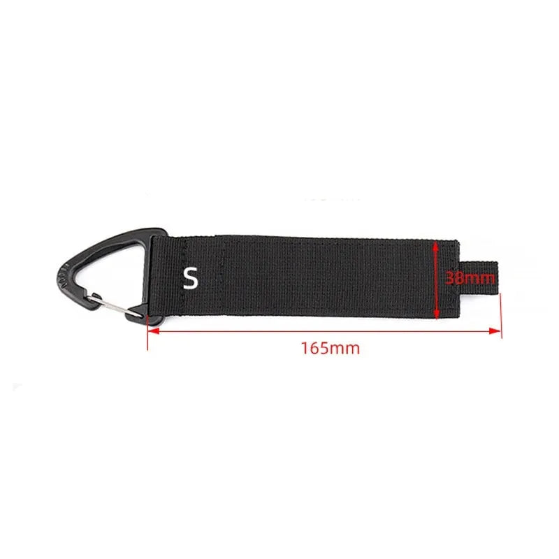 Black gravity storage strap with metal carabiner hook for workshop and camper organisation