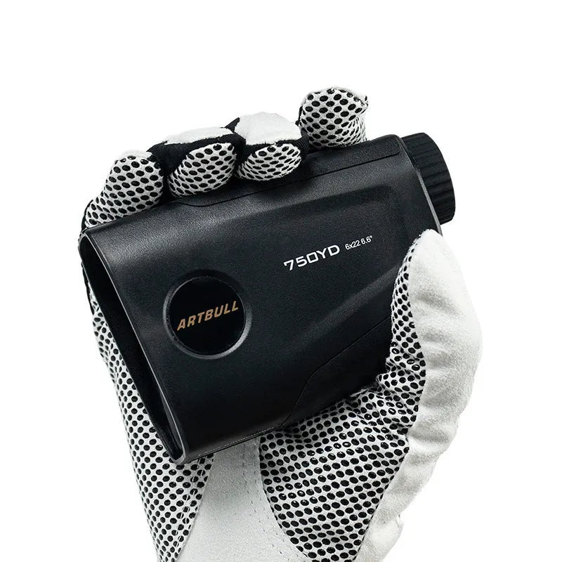 Golf laser rangefinder with LCD display showing distance measurement, flag lock function, and Type-C charging port