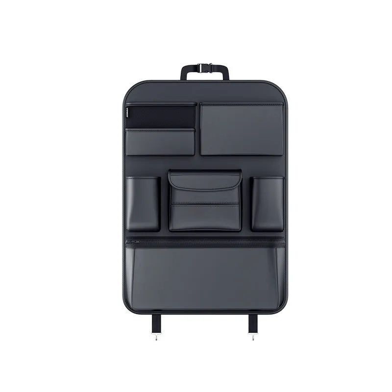 Black leather hanging storage bag with handle for car seat or buggy organisation