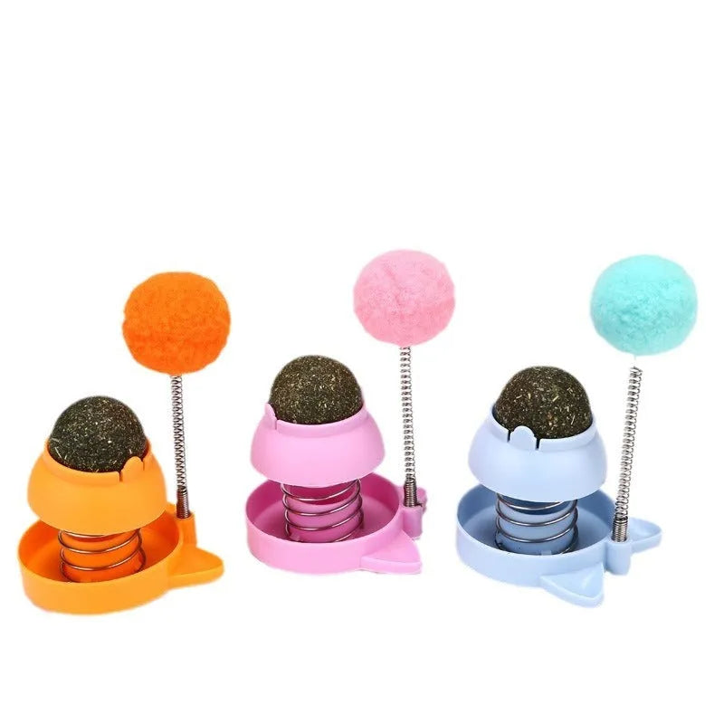 Lucky Cat Licking Music Mint Ball toy showing 55mm diameter mint ball with self-hi mechanism for feline dental care and entertainment