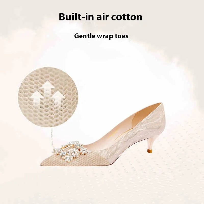 Champagne gold high heels with rhinestone decoration, pointed toe, and stiletto heel in 3cm, 6cm, or 8cm heights