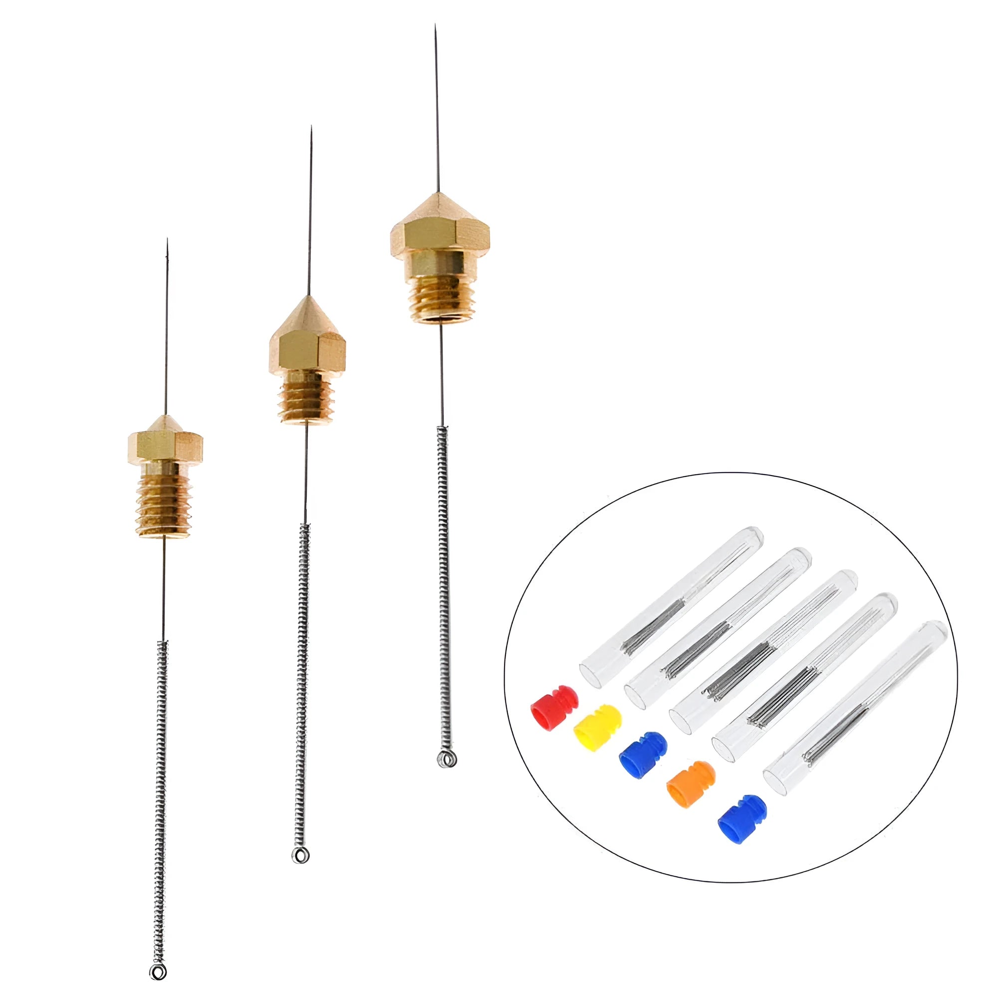 Ten metal nozzle cleaning needles for Mk8 and E3D 3D printers in five sizes from 0.2mm to 0.4mm diameter.
