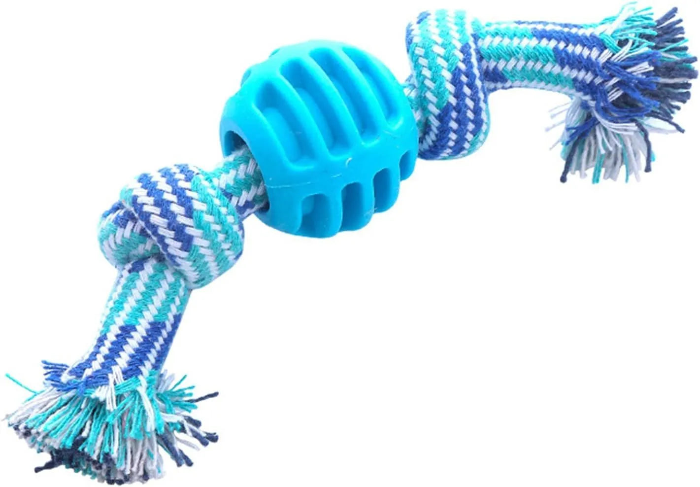 Blue dog chew toy with ropes and textured surfaces for dental cleaning