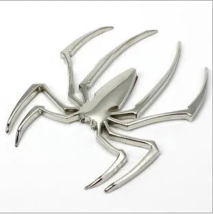 Three-dimensional metal spider bumper sticker showing raised design on zinc alloy with 7x5cm dimensions